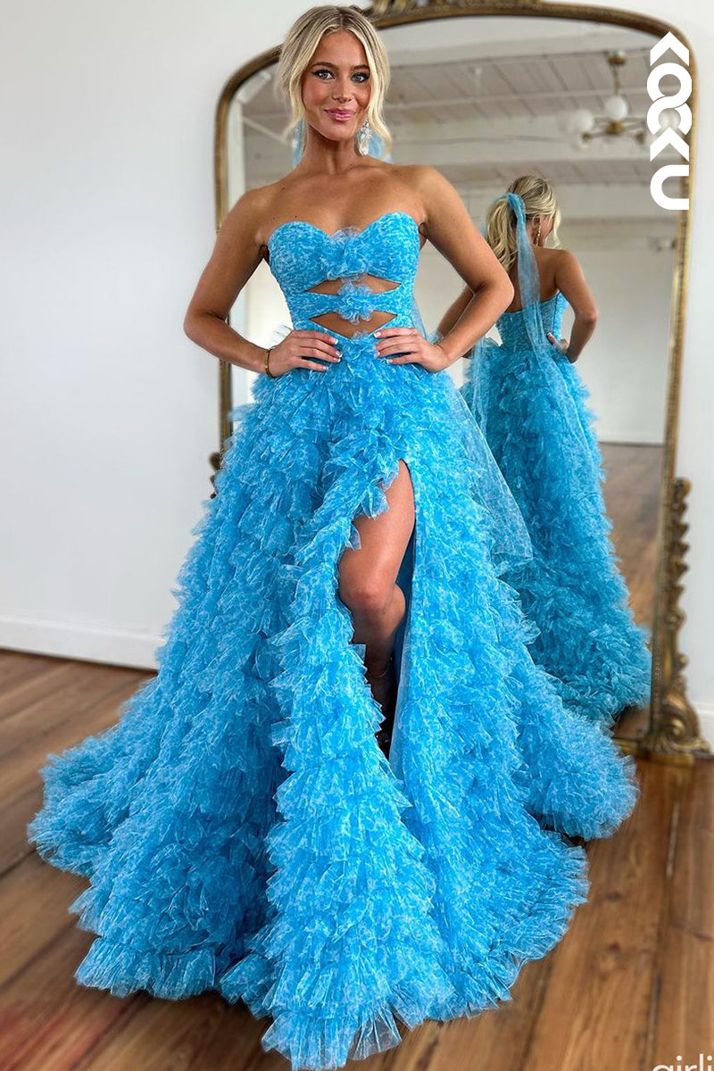 L2336 - Elegant Sweetheart Ruffles Blue Long Formal Prom Dress with Slit