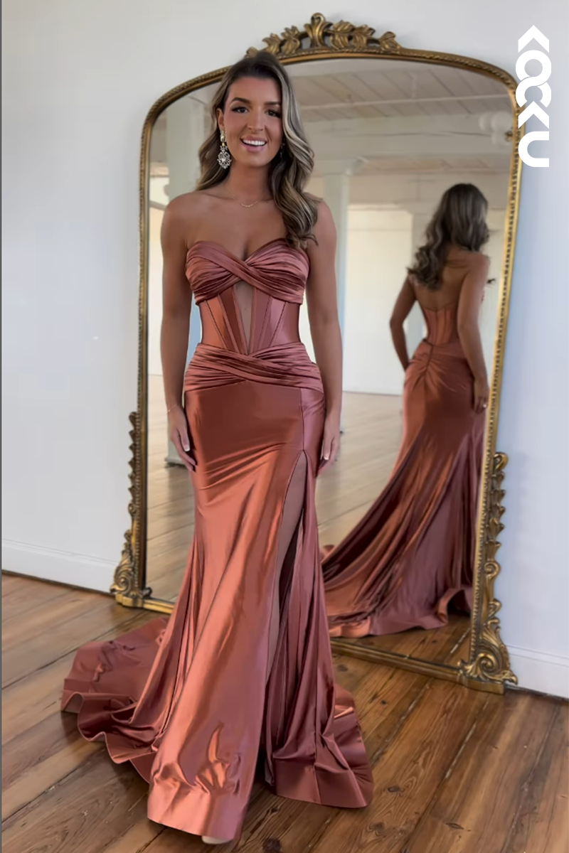 L2598 - Couture & Ornate Sweetheart Sleeveless Side Slit Mermaid Evening Party Prom Dress