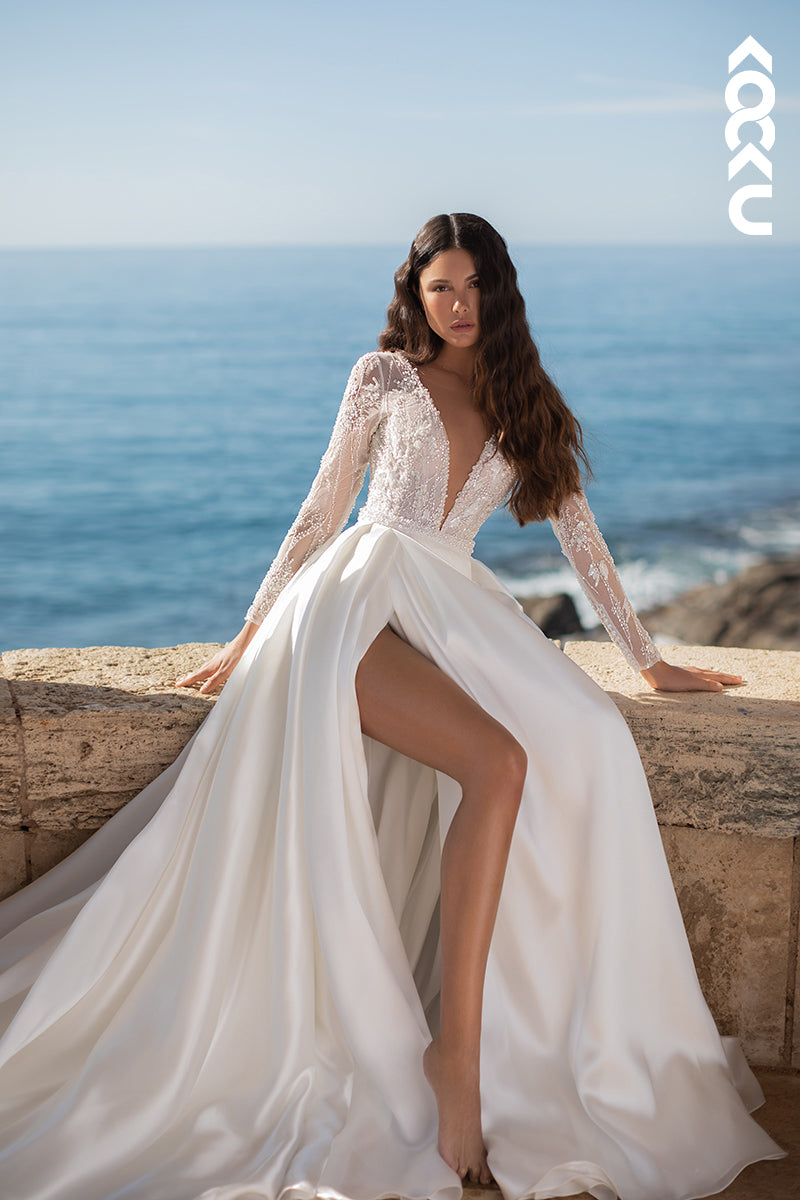 K1985 - Elegant & Luxurious V-Neck Long Sleeves Side Slit Applique Wedding Dress