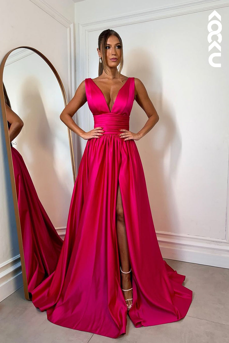 L2616 - Couture & Ornate V-Neck Sleeveless A-line Side Slit Formal Party Prom Dress