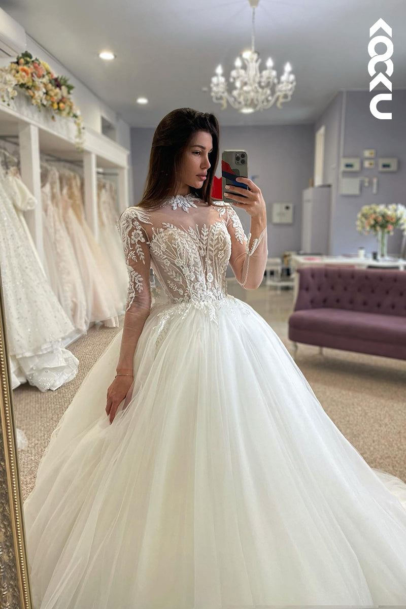 K2058 - Elegant & Luxurious High Neck Long Sleeves Sparkly A-line Tulle Wedding Dress