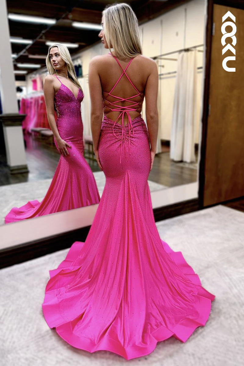 L2575 - Couture & Ornate V-Neck Mermaid Criss-Cross Straps Formal Prom Dress