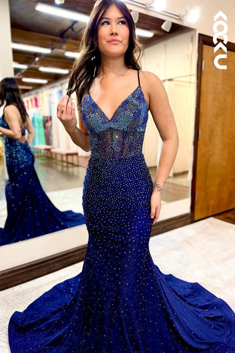 L2340 - Couture & Ornate Spaghetti Straps V-Neck Mermaid Evening Prom Dress