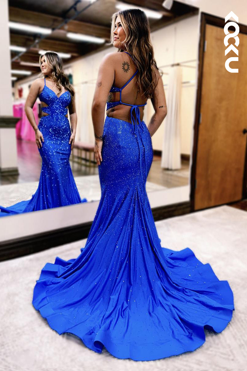 L2576 - Couture & Ornate  Spaghetti Straps V-neck Mermaid Formal Party Prom Dress