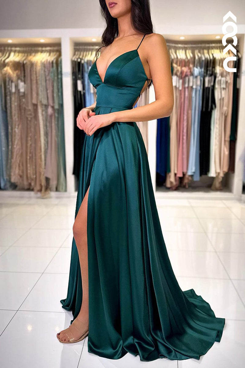 L2358 - Couture & Ornate Spaghetti Straps V-Neck Ruched A-Line Crisscross Crisscross Back Prom Dress