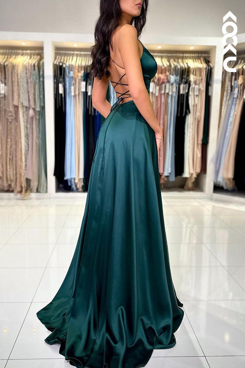 L2358 - Couture & Ornate Spaghetti Straps V-Neck Ruched A-Line Crisscross Crisscross Back Prom Dress