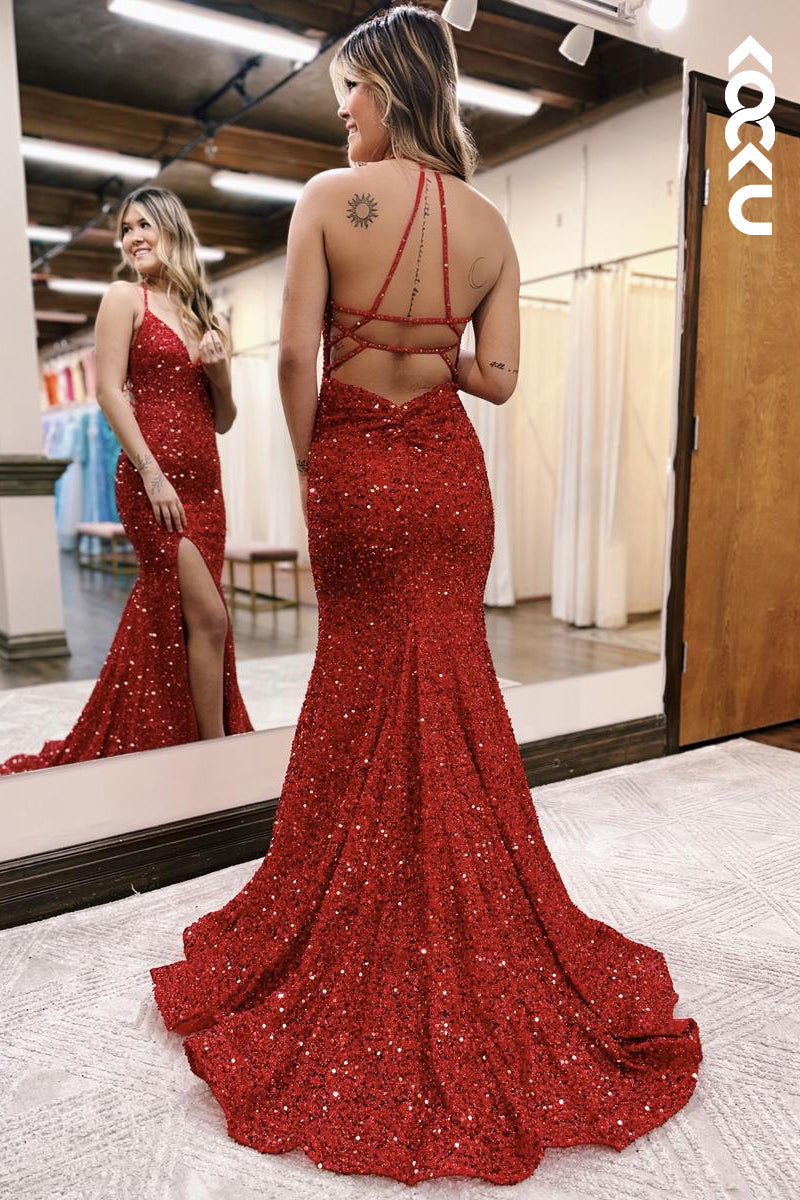 L2584 - Chic & Modern Spaghetti Straps V-Neck Backless Mermaid Side Slit Sequins Evening Party Prom Dress