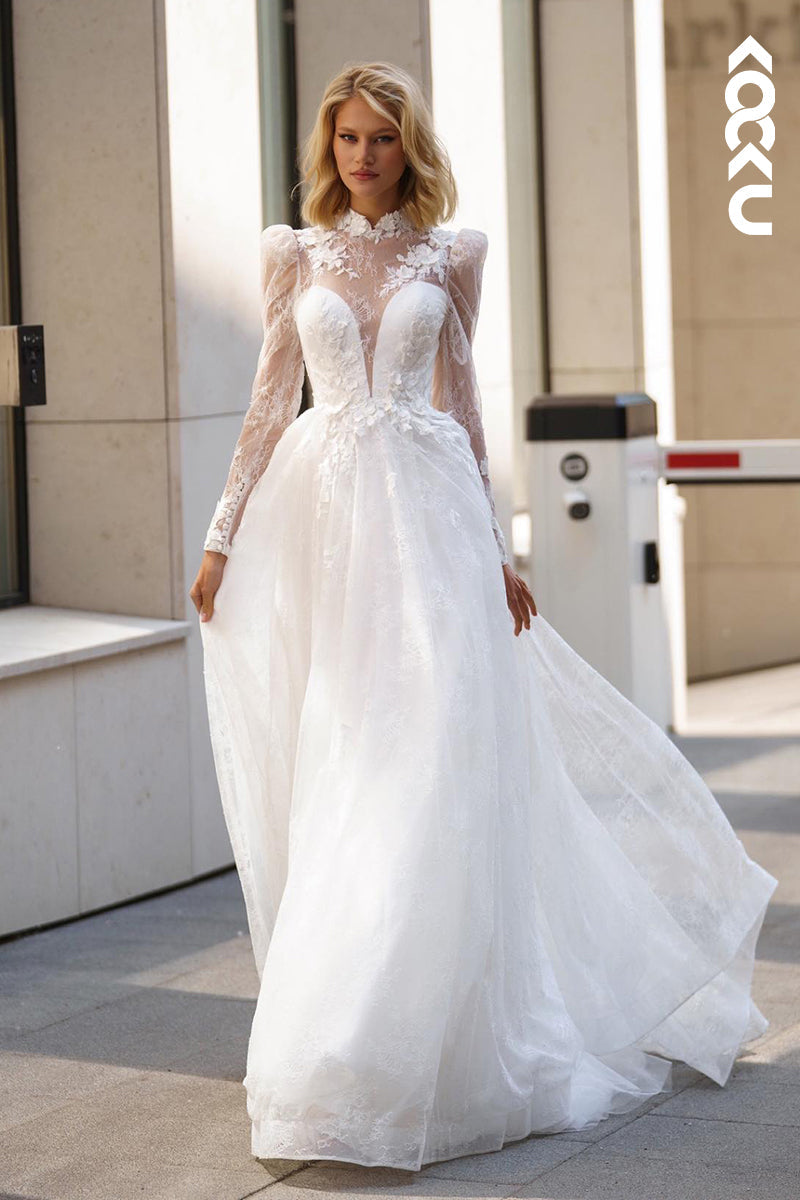 K2038 - Gorgeous & Charming Long Lace Sleeves V-Neck Open Back A-line Wedding Dress