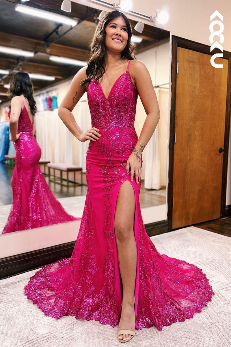 L2343 - V-Neck Spaghetti Straps Mermaid Lace Applique Side Slit Party Prom Dress