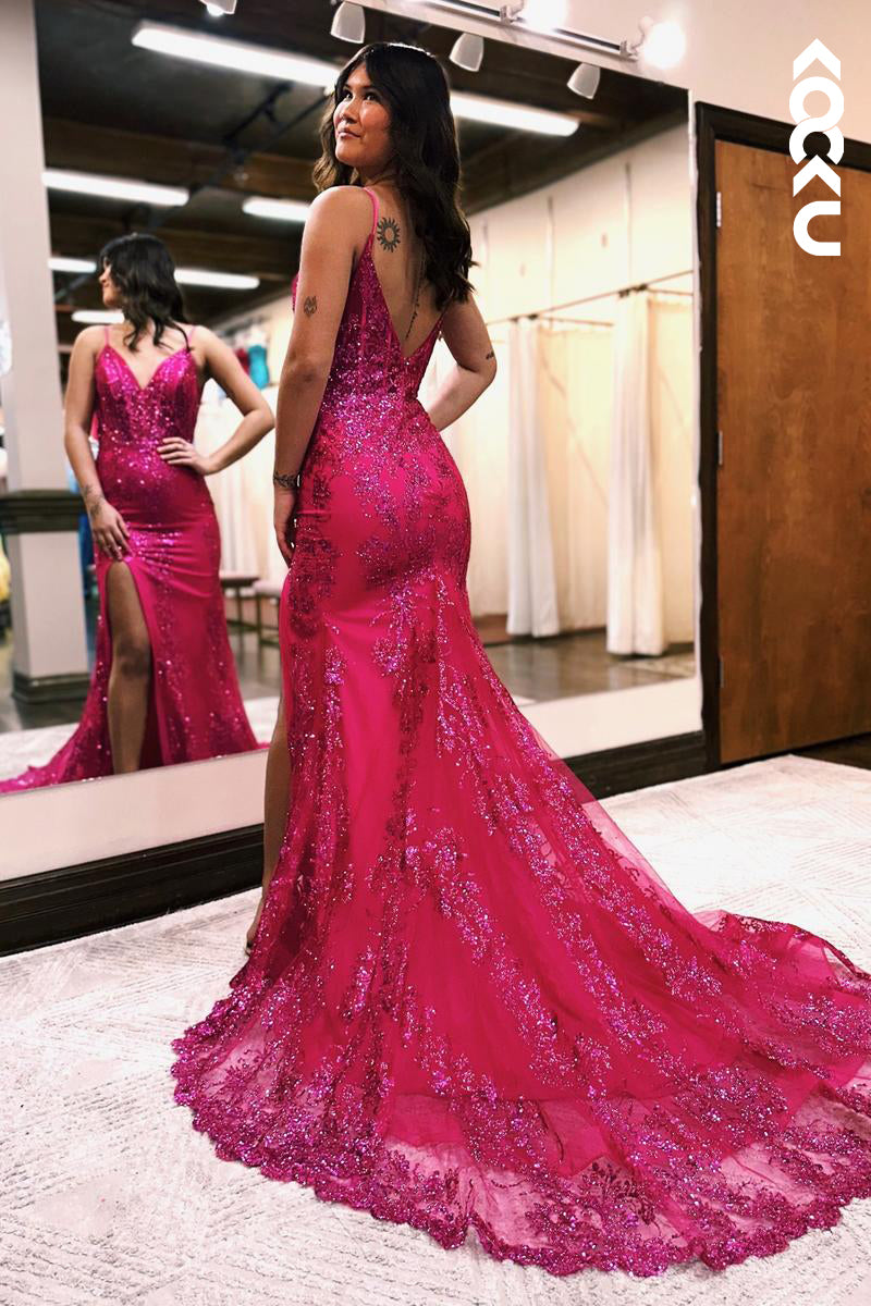 L2343 - V-Neck Spaghetti Straps Mermaid Lace Applique Side Slit Party Prom Dress