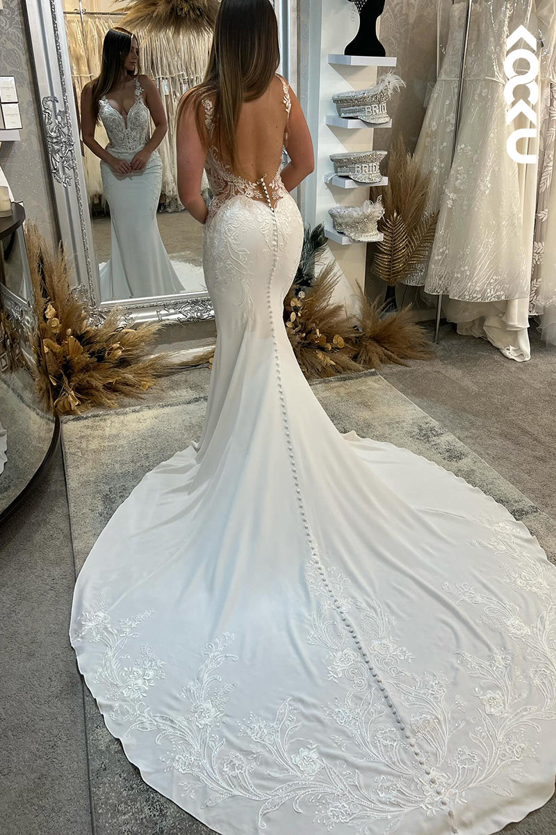 K2037 - Gorgeous & Charming Spaghetti Straps Open Back Trumper Mermaid Wedding Dress