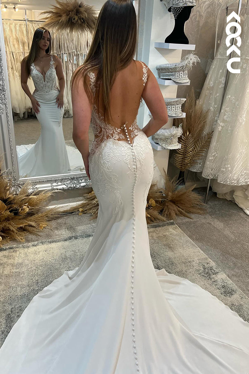 K2037 - Gorgeous & Charming Spaghetti Straps Open Back Trumper Mermaid Wedding Dress