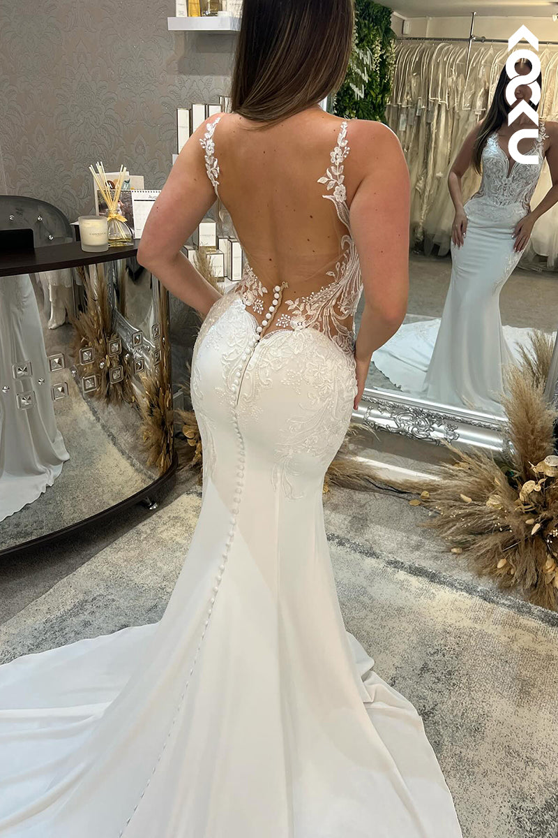 K2037 - Gorgeous & Charming Spaghetti Straps Open Back Trumper Mermaid Wedding Dress