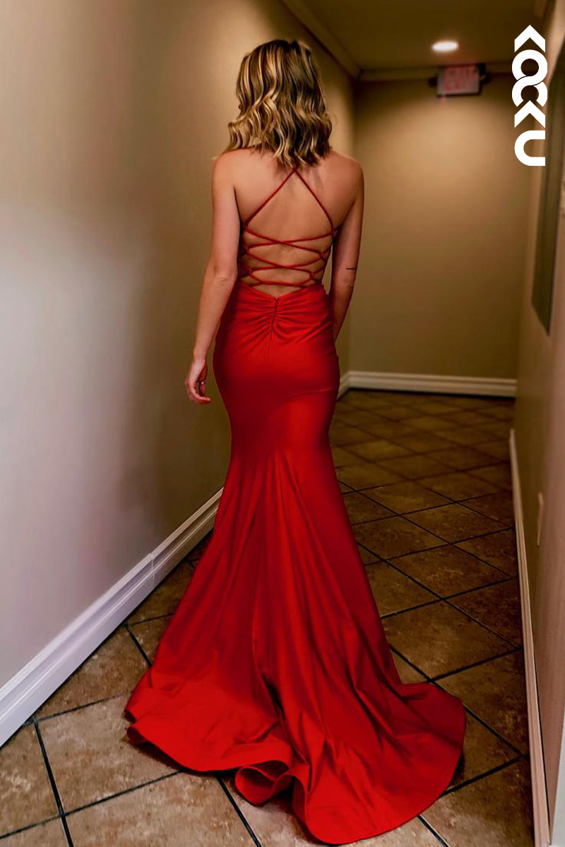 L2344 - Spaghetti Straps V-Neck Crisscross Back Mermaid Evening Party Prom Dress