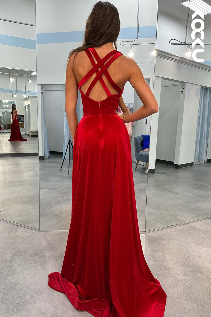 L2479 - Sexy & Hot V-neck Criss-Cross Straps A-Line Side Slit Party Prom Dress