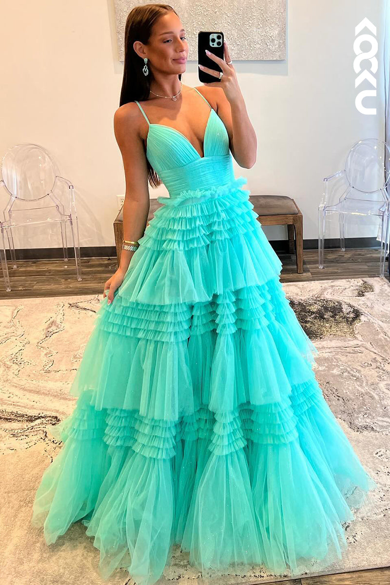 L2341 - V-Neck Spaghetti Straps A-Line Tulle Ruched Backeless Party Prom Dress