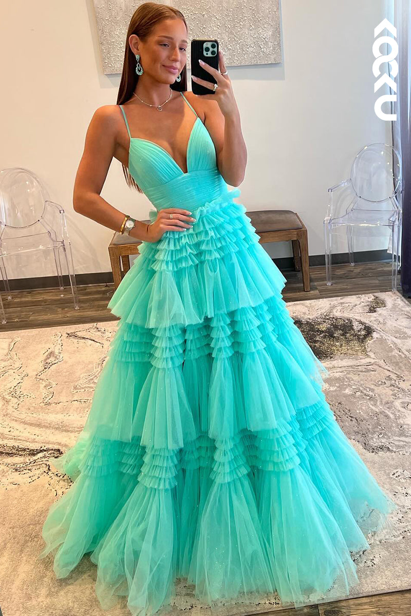 L2341 - V-Neck Spaghetti Straps A-Line Tulle Ruched Backeless Party Prom Dress