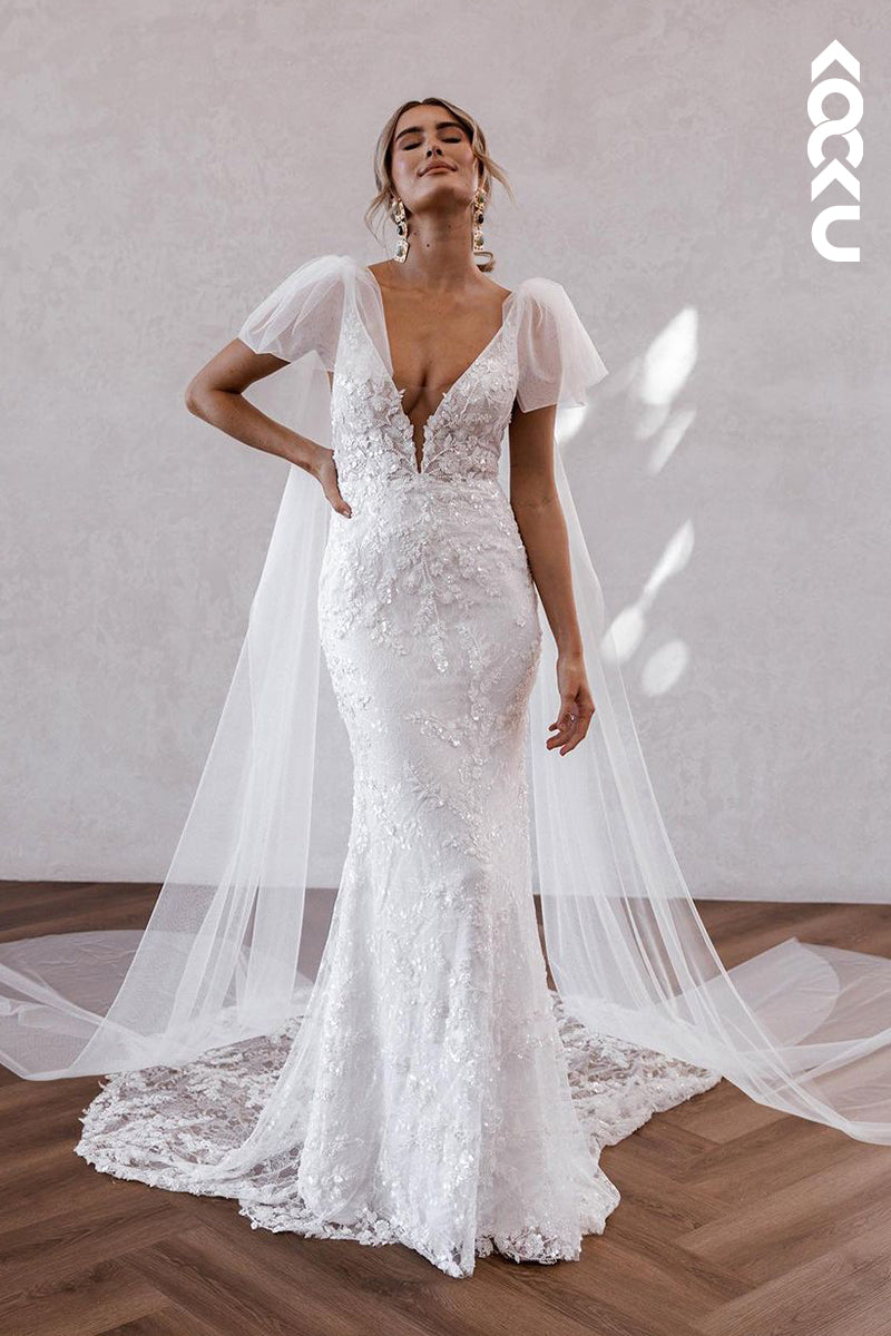 K1842 - Elegant & Luxurious Deep V-Neck Straps Backless Trumpet Applique Wedding Dress