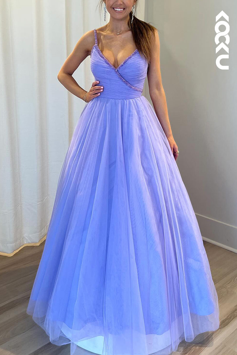 L3028 - Couture & Ornate Spaghetti Straps V-Neck Sleeveless A-Line Tulle Party Prom Dress