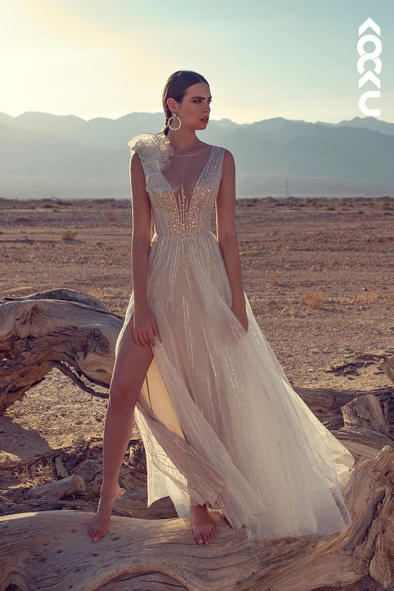 K1953 - Gorgeous & Charming V-neck Sleeveless A-line Tulle V Back Wedding Dress