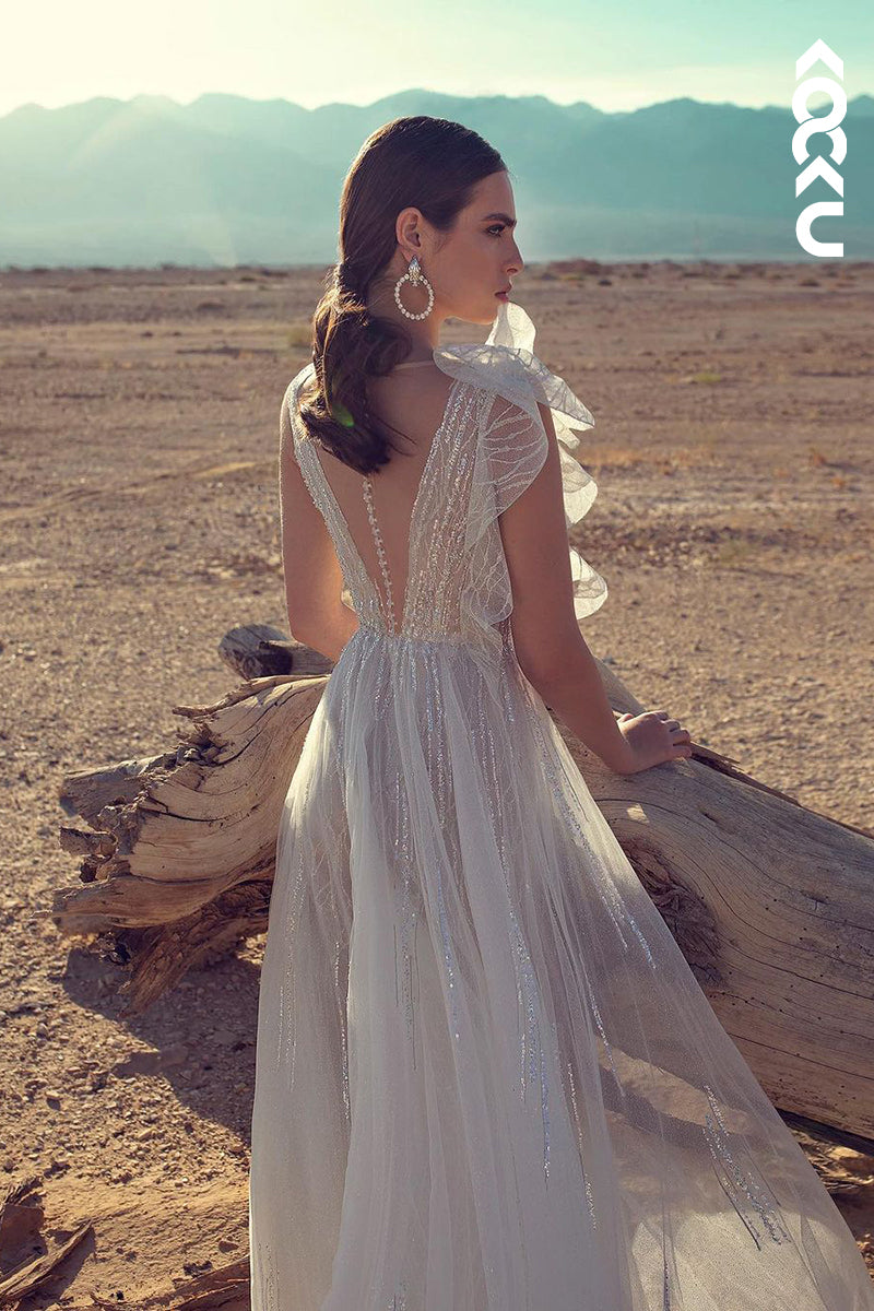 K1953 - Gorgeous & Charming V-neck Sleeveless A-line Tulle V Back Wedding Dress