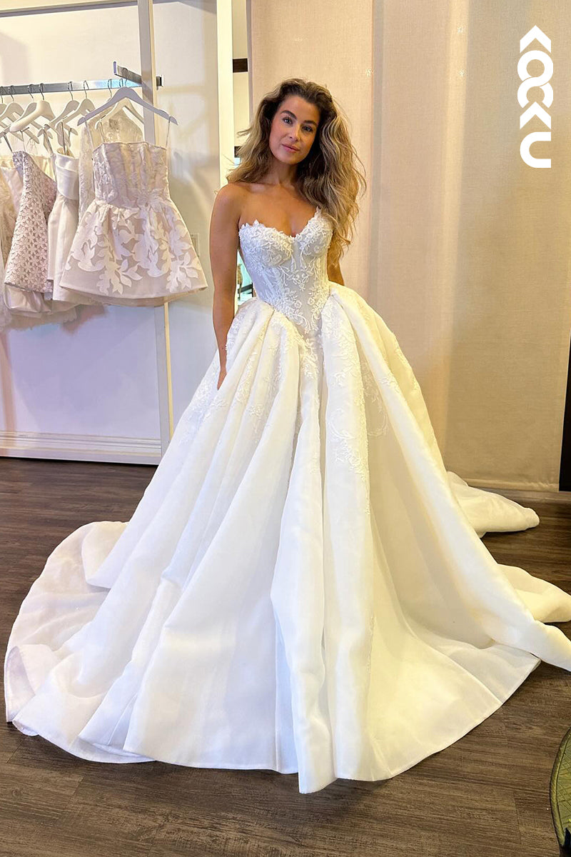 K1878 - Elegant & Luxurious Long A-line V-Neck Sleeveless Ruched Wedding Dress