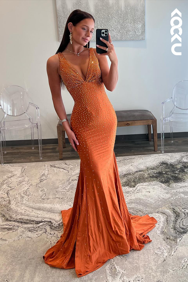 L2573 - Gorgeous & Charming Mermaid Backless v-Neck Fully Beaded Evening Formal Party Prom Dress