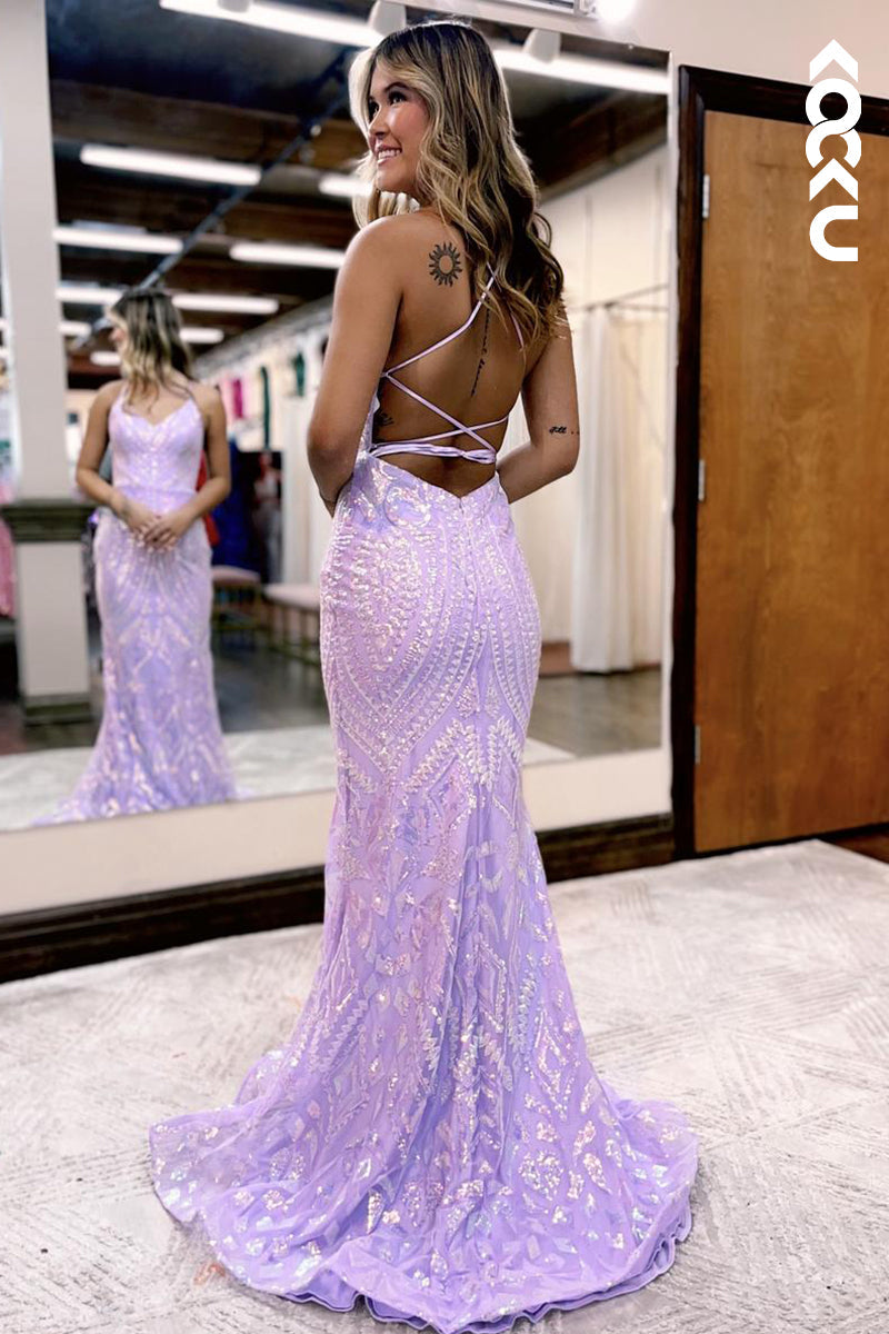 L2514 - Sparkly Purple Criss-Cross Straps Trumpet V-Neck Sequins Evening Party Prom Dress