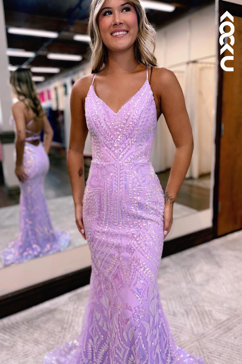 L2514 - Sparkly Purple Criss-Cross Straps Trumpet V-Neck Sequins Evening Party Prom Dress