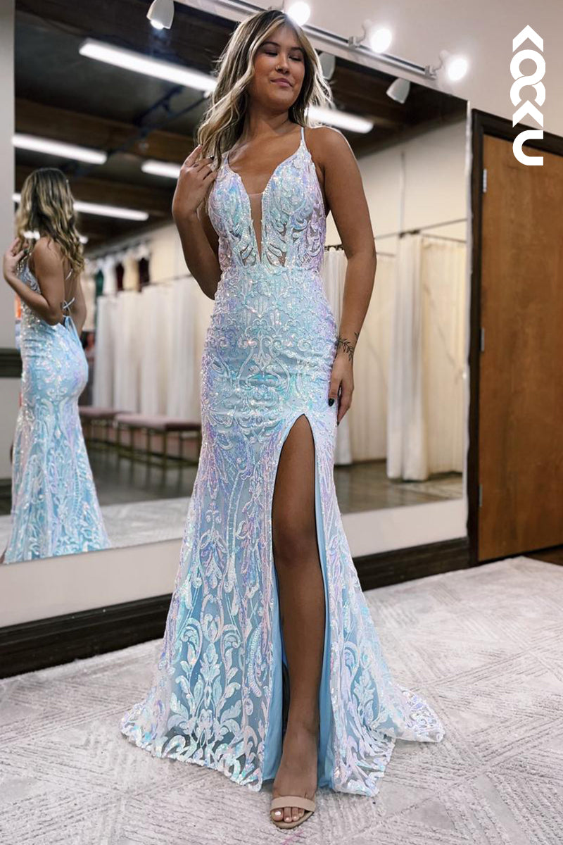 L2525 - Couture & Ornate Criss-Cross Straps Deep V-Neck Straps Slit Applique Party Prom Dress