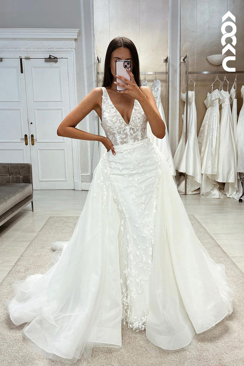 K1976 - Elegant & Luxurious V-Neck Sleeveless Mermaid Wedding Dress With Applique