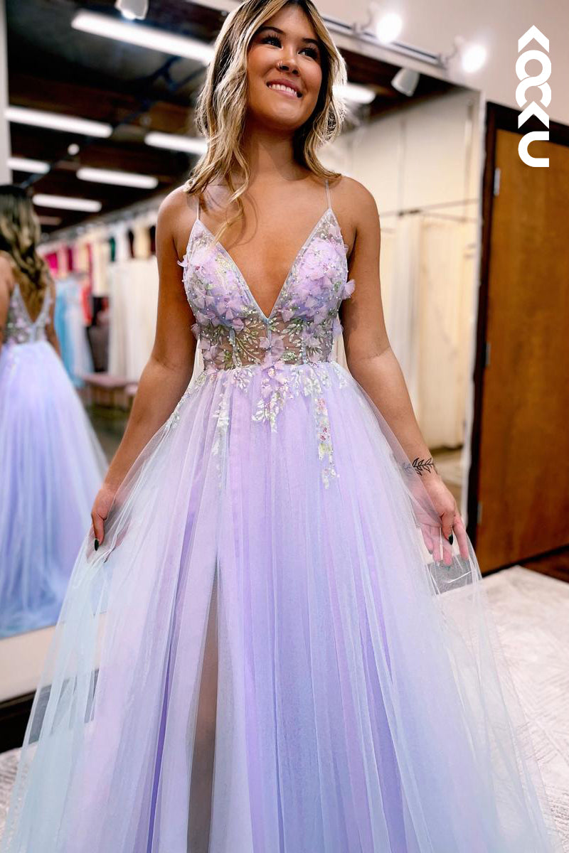 L2529 - Glamorous & Dramatic V-Neck Spaghetti Straps A-Line Slit Tulle Formal Prom Dress