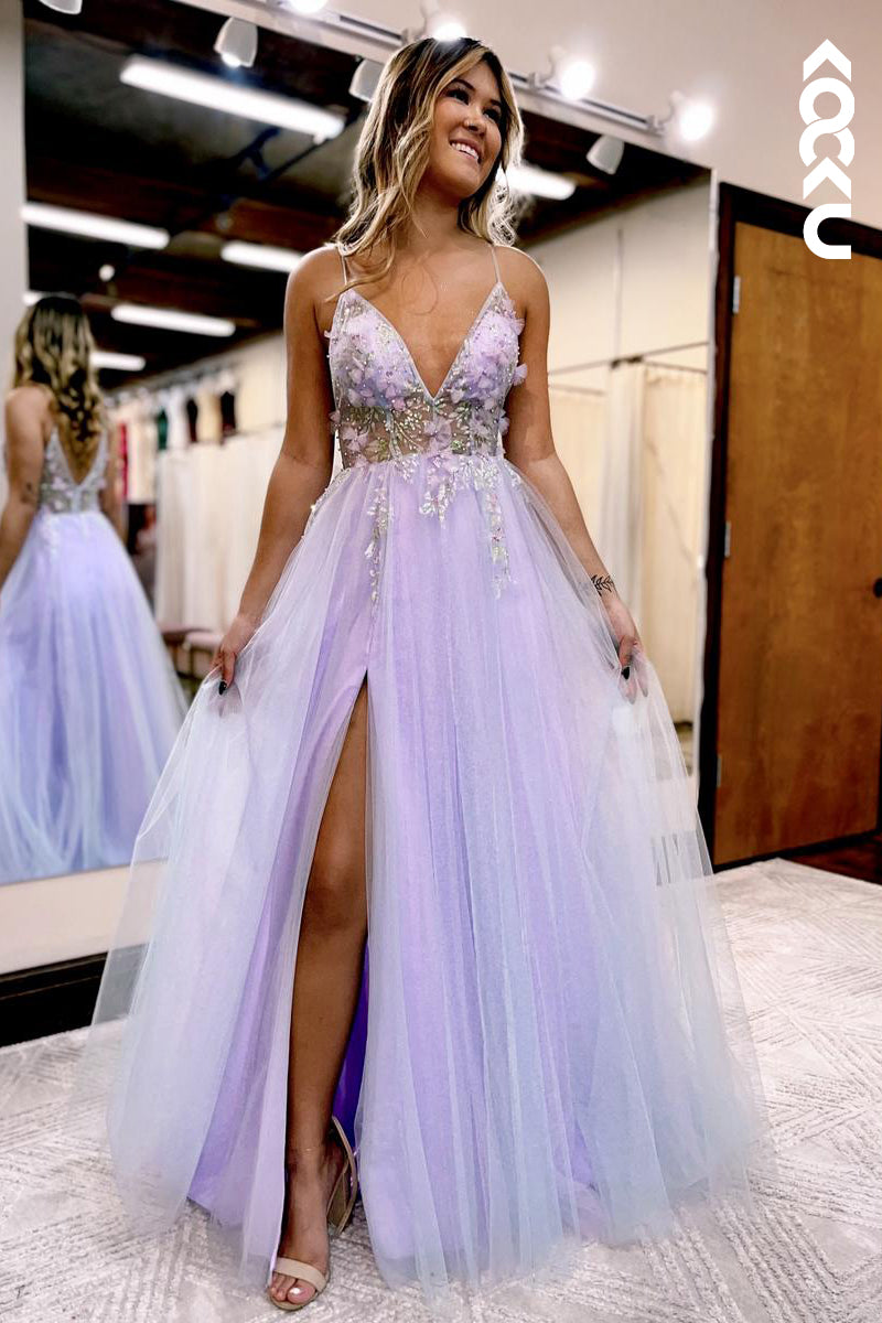 L2529 - Glamorous & Dramatic V-Neck Spaghetti Straps A-Line Slit Tulle Formal Prom Dress