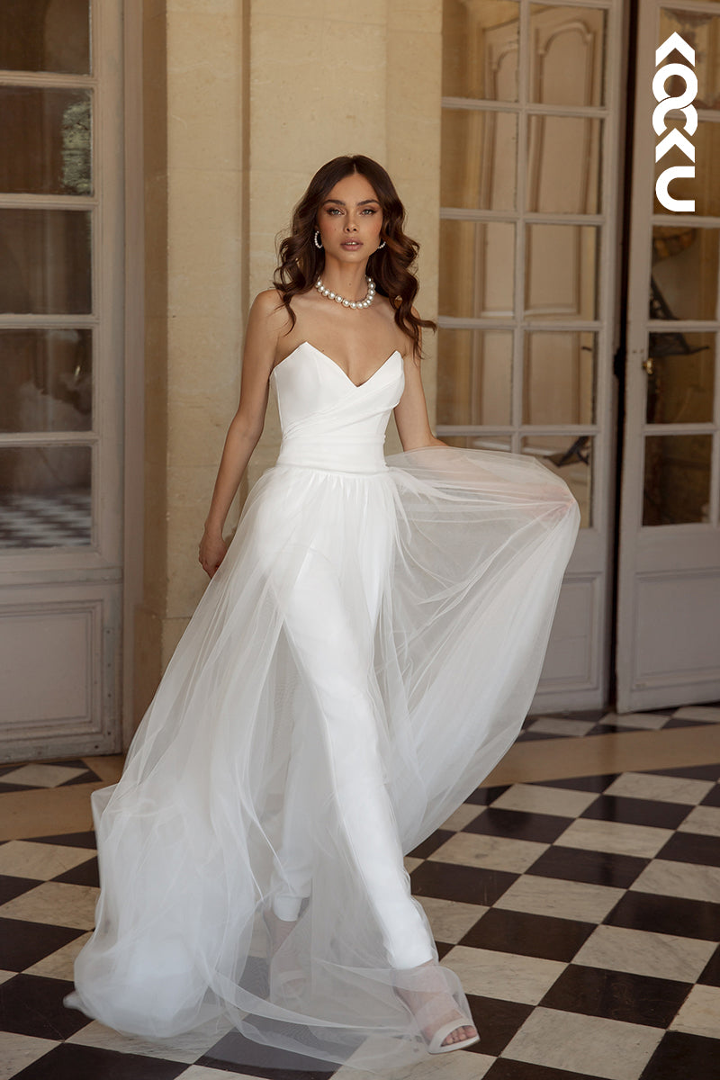 K1861 - Couture & Ornate V-Neck Sleeveless Detachable Tulle Train Wedding Pantsuit