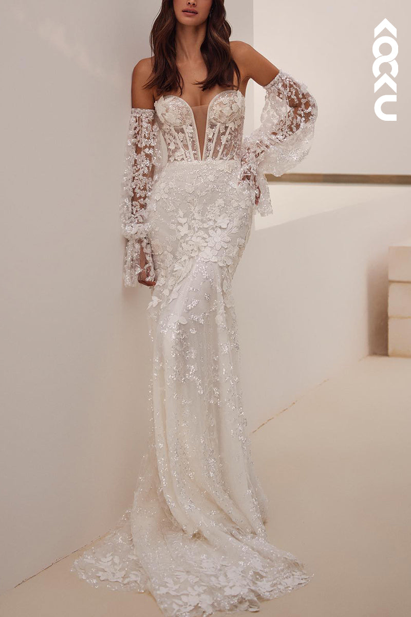 K2081 - Elegant & Luxurious Long Sleeves Off-Shoulder Trumpet/Mermaid Appliques Wedding Dress