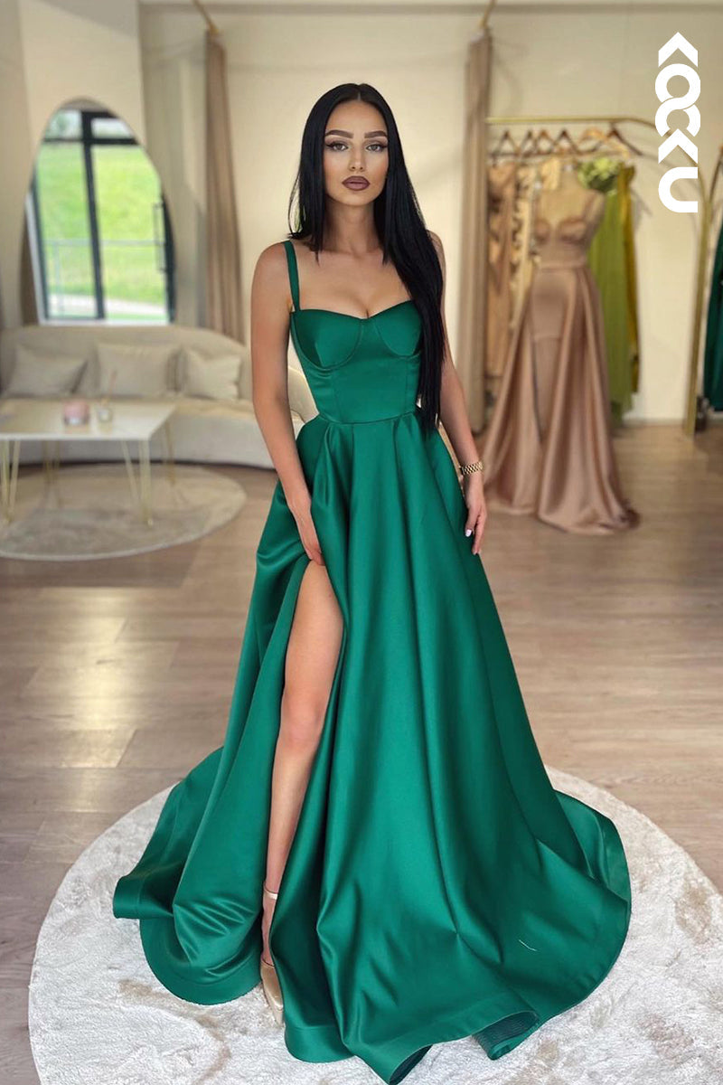 L2181 - Morden Straps Square Long A-Line Ruched Party Prom Dress With Side Slit