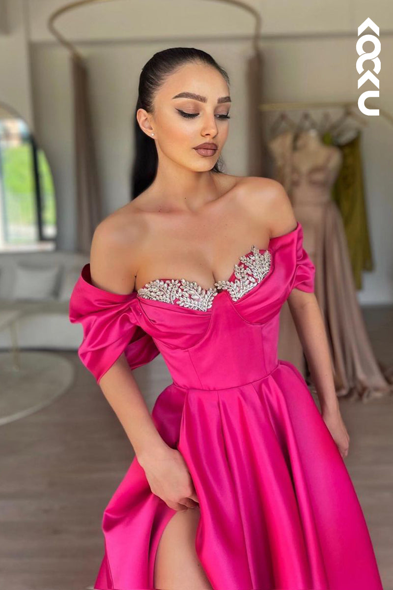 L2191 - Glamorous & Dramatic Off-Shoulder Cap Sleeves A-Line Side Slit Party Prom Dress With Rhinestone