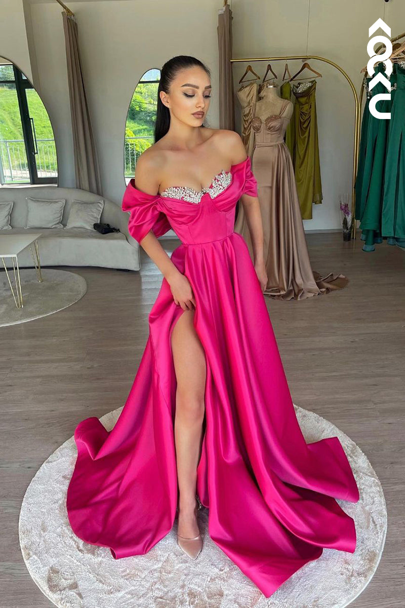 L2191 - Glamorous & Dramatic Off-Shoulder Cap Sleeves A-Line Side Slit Party Prom Dress With Rhinestone