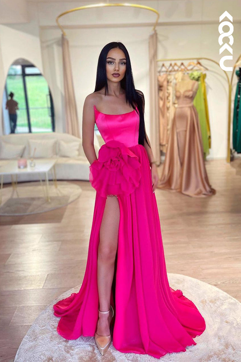 L2185 - Classic Off-Shoulder A-Line Ruched Sleeveless Slit Party PromDress With Flower