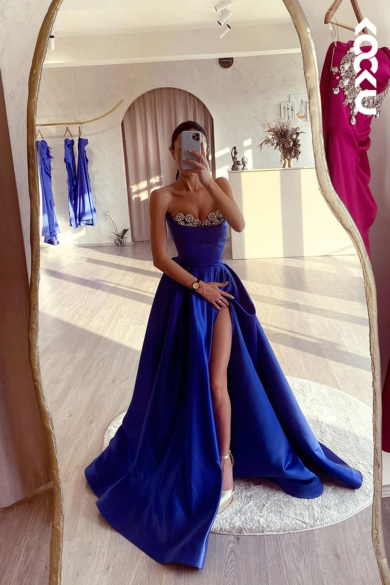 L2188 - Elegant & Luxurious Off-Shoulder Sleeveless Long A-Line Slit Party Prom Dress With Rhinestone