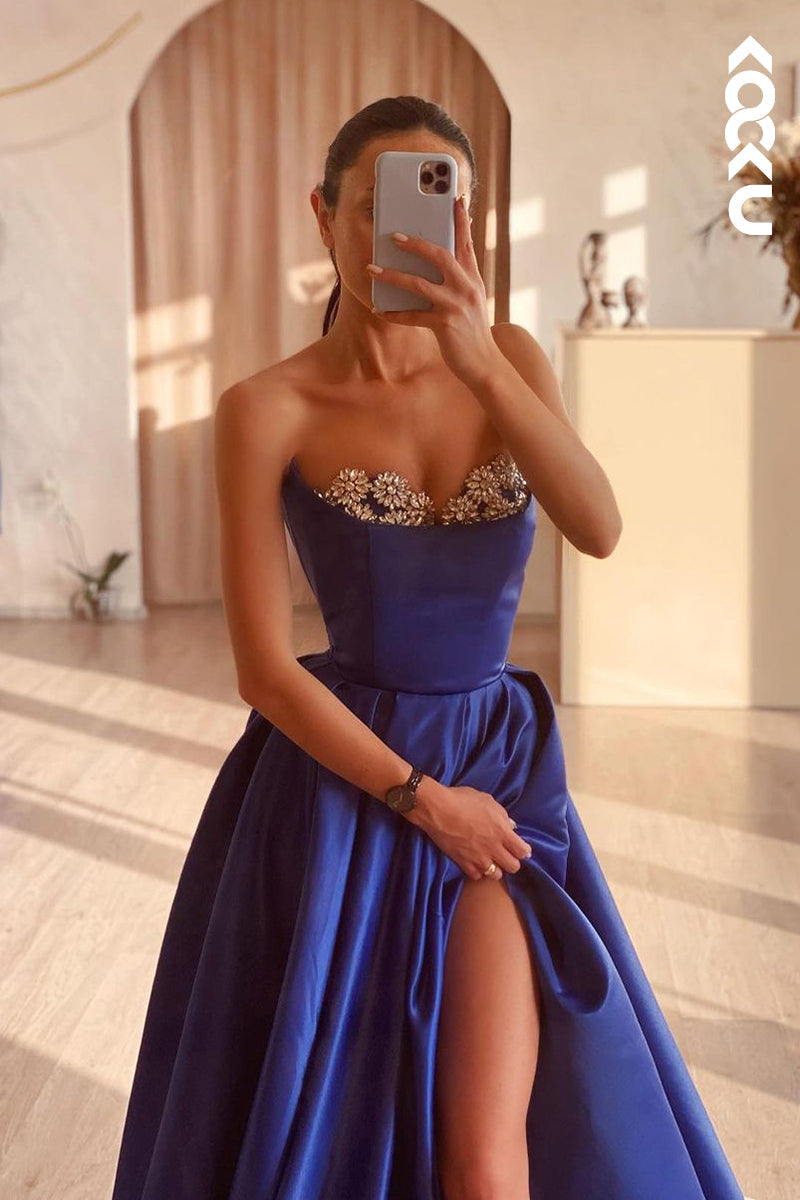 L2188 - Elegant & Luxurious Off-Shoulder Sleeveless Long A-Line Slit Party Prom Dress With Rhinestone