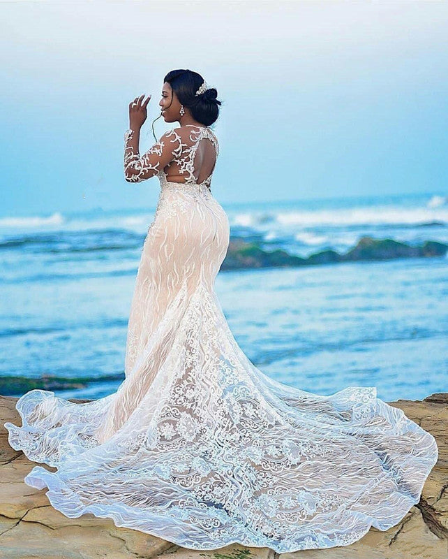 Lace Appliques Mermaid Wedding Dress Long Sleeves Plus Size Bridal Dresses