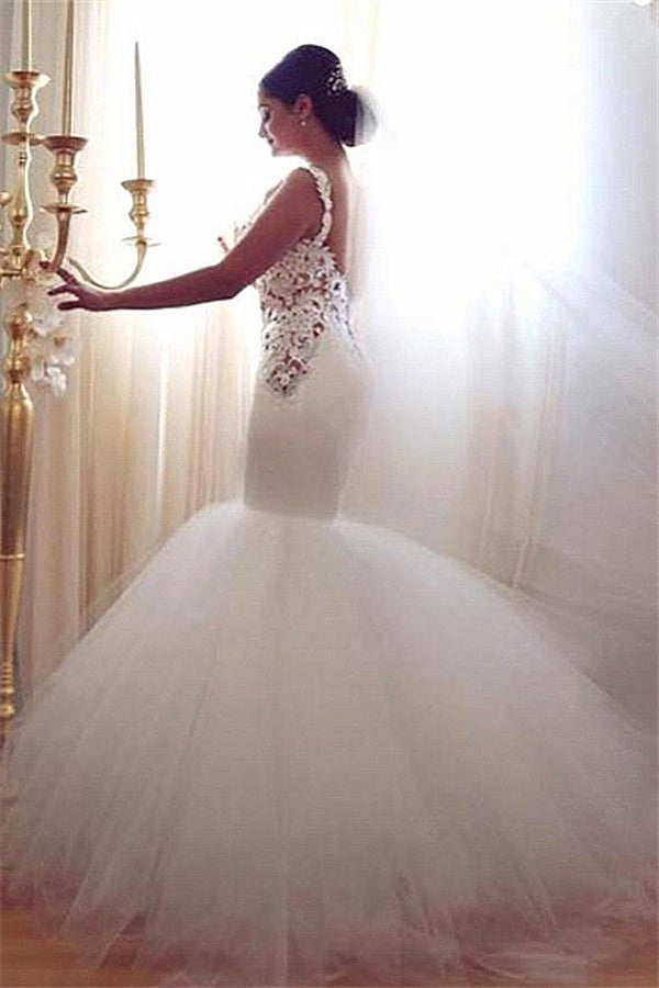 Lace Mermaid Tulle Bridal Gowns Open Back Sleeveless Modern Bridal Gowns Online