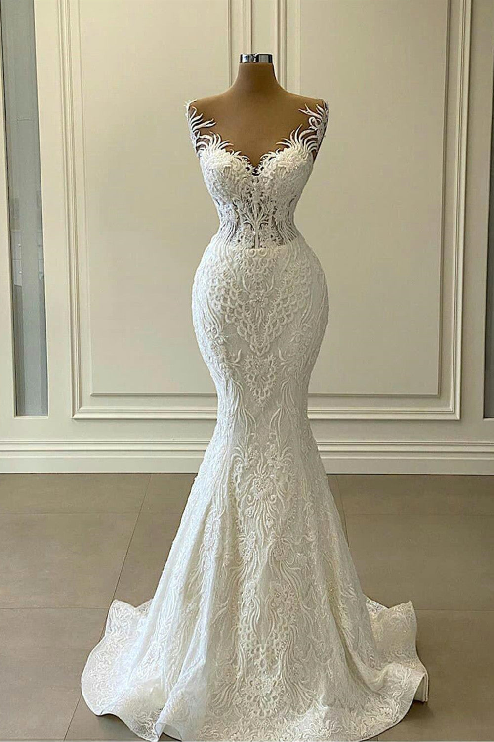 Lace Mermaid Wedding Dress Long With Detachable Skirt