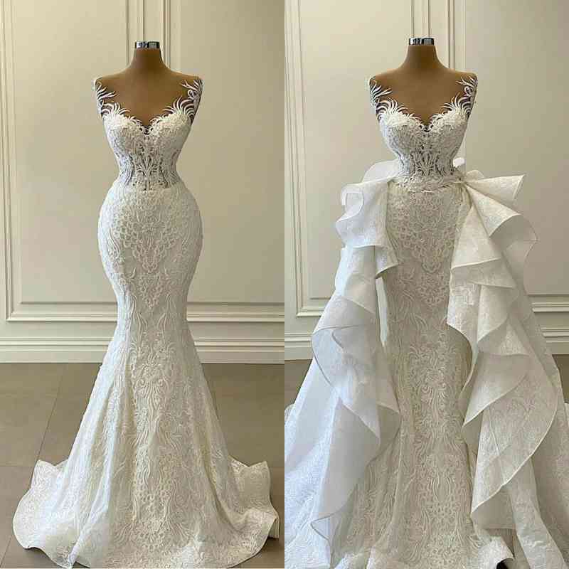 Lace Mermaid Wedding Dress Long With Detachable Skirt