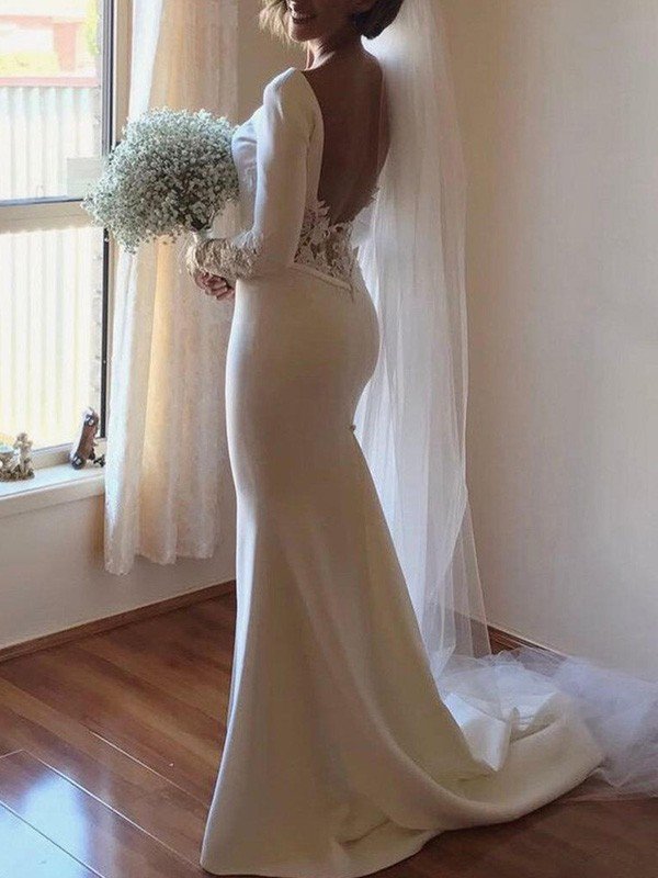 Lace Satin Long Sleevess Mermaid Scoop Court Train Wedding Dresses