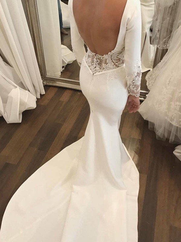 Lace Satin Long Sleevess Mermaid Scoop Court Train Wedding Dresses