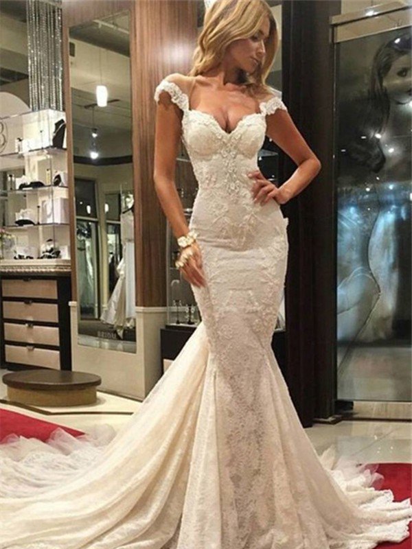 Lace Sleeveless Sweep Train Mermaid V neck Wedding Dresses