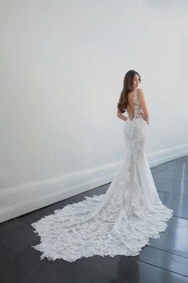 Lace Wedding Dress Sleeveless Mermaid Long V-Neck