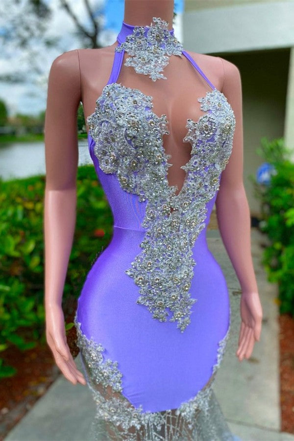 Lavender High Neck Prom Dress Mermaid Appliques With Feather